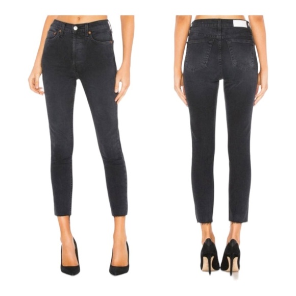 Re/Done 90s High Rise Ankle Crop Slim Fit Jeans in Faded Black unfinished hem - Picture 8 of 9